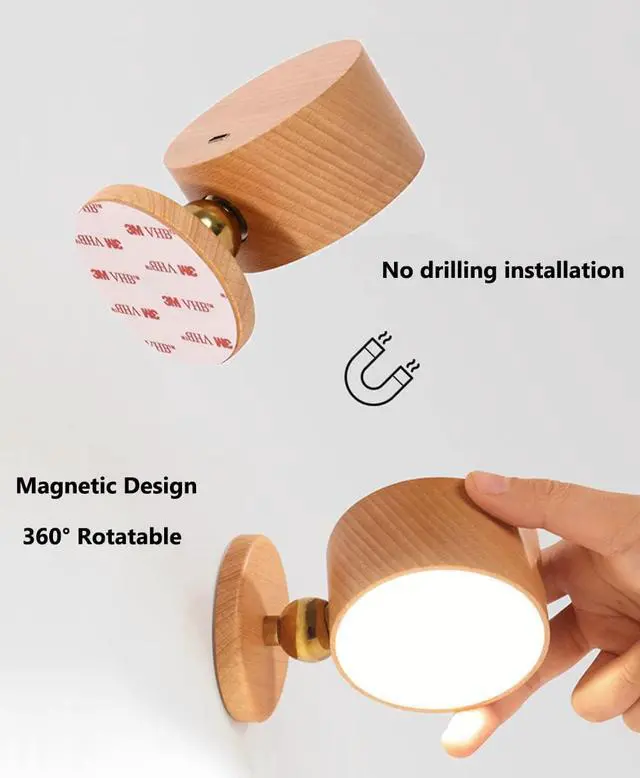 Alt view image 4 of 6 - Wooden Battery Wall Light with Touch Dimmable Switch - 4000K LED Reading Lamp, USB Charging, 360° Rotatable Bedside Lamp, Dark Wood