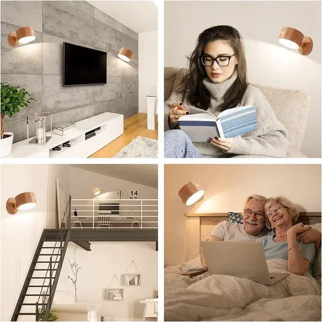 Alt view image 5 of 6 - Wooden Battery Wall Light with Touch Dimmable Switch - 4000K LED Reading Lamp, USB Charging, 360° Rotatable Bedside Lamp, Dark Wood