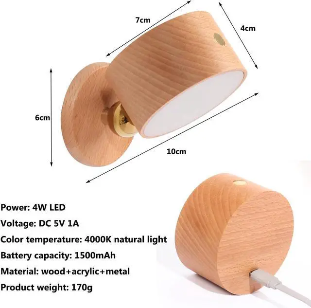 Alt view image 6 of 6 - Wooden Battery Wall Light with Touch Dimmable Switch - 4000K LED Reading Lamp, USB Charging, 360° Rotatable Bedside Lamp, Dark Wood