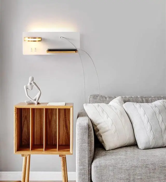 Alt view image 3 of 7 - 11W LED Indoor Wall Light with 2 Switches, Incl. USB Port and Qi Wireless Charging, Warm White 3000K Bedside Wall Lamp with 360° Adjustable 5W Reading Lamp for Bedroom, Living Room, Hallway,White