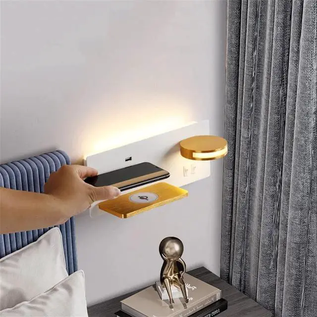 Alt view image 4 of 7 - 11W LED Indoor Wall Light with 2 Switches, Incl. USB Port and Qi Wireless Charging, Warm White 3000K Bedside Wall Lamp with 360° Adjustable 5W Reading Lamp for Bedroom, Living Room, Hallway,White