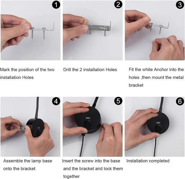 Alt view image 6 of 7 - Gooseneck Wall Reading Lamp with Switch, LED Bed Lamp Wall Light Touch Dimmable with USB Charging Port, Adjustable Light 3000-6000k, Wall Mounted Reading Light for Bedroom Office,Black