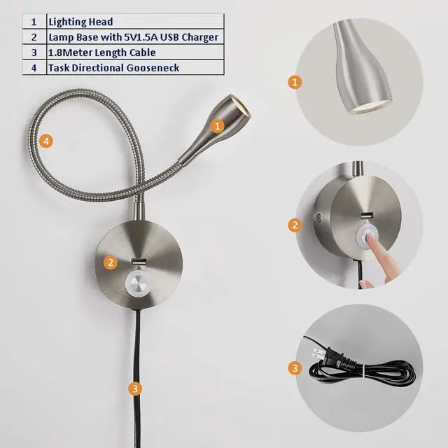Alt view image 4 of 7 - Gooseneck Wall Reading Lamp with Switch, LED Bed Lamp Wall Light Touch Dimmable with USB Charging Port, Adjustable Light 3000-6000k, Wall Mounted Reading Light for Bedroom Office,Black