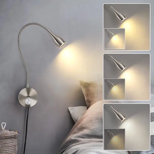 Alt view image 3 of 7 - Gooseneck Wall Reading Lamp with Switch, LED Bed Lamp Wall Light Touch Dimmable with USB Charging Port, Adjustable Light 3000-6000k, Wall Mounted Reading Light for Bedroom Office,Black
