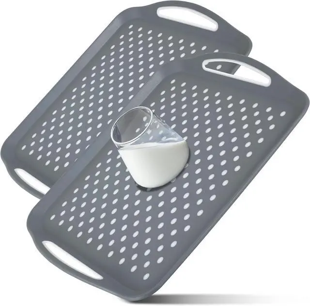 Main image of 2Pcs Non-Slip Food Serving Tray with Handle 17.7×12.6 Inch Rectangle Gripping Nubs Food Trays Shatterproof Plastic Dinner Trays Non-Stick Food Platter Dishwasher Safe Lap Trays for Home Kitchen KTZCTP