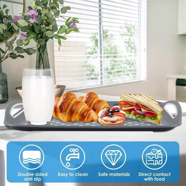 Alt view image 2 of 7 - 2Pcs Non-Slip Food Serving Tray with Handle 17.7×12.6 Inch Rectangle Gripping Nubs Food Trays Shatterproof Plastic Dinner Trays Non-Stick Food Platter Dishwasher Safe Lap Trays for Home Kitchen KTZCTP