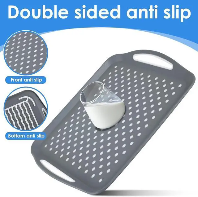Alt view image 3 of 7 - 2Pcs Non-Slip Food Serving Tray with Handle 17.7×12.6 Inch Rectangle Gripping Nubs Food Trays Shatterproof Plastic Dinner Trays Non-Stick Food Platter Dishwasher Safe Lap Trays for Home Kitchen KTZCTP