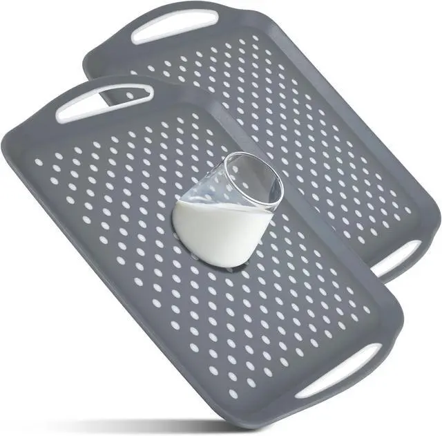 Alt view image 4 of 7 - 2Pcs Non-Slip Food Serving Tray with Handle 17.7×12.6 Inch Rectangle Gripping Nubs Food Trays Shatterproof Plastic Dinner Trays Non-Stick Food Platter Dishwasher Safe Lap Trays for Home Kitchen KTZCTP