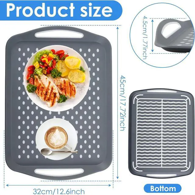 Alt view image 5 of 7 - 2Pcs Non-Slip Food Serving Tray with Handle 17.7×12.6 Inch Rectangle Gripping Nubs Food Trays Shatterproof Plastic Dinner Trays Non-Stick Food Platter Dishwasher Safe Lap Trays for Home Kitchen KTZCTP