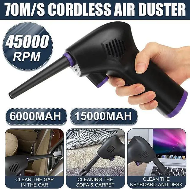 Alt view image 3 of 7 - Leaf Blower Garden Vacuum Cordless Rechargeable Mini Air Duster Cleaner, 2 Speeds Electric Air Blower Cordless, 6000mAh Battery Powerful 45000 RPM, USB-C Fast Charging for Computer,Laptop,Tower Fans,