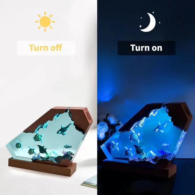 Alt view image 3 of 6 - Ocean Night Light with Romote, Epoxy Resin Shark Turtle Lamp, Handmade Home Decor Bedside Nightlight, Nightstand Decorations for Bedroom, Unique Gift for Father's Day, Christmas (M)