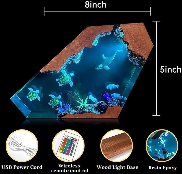 Alt view image 4 of 6 - Ocean Night Light with Romote, Epoxy Resin Shark Turtle Lamp, Handmade Home Decor Bedside Nightlight, Nightstand Decorations for Bedroom, Unique Gift for Father's Day, Christmas (M)