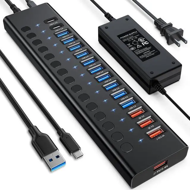 Main image of Powered USB Hub, 16-Port USB C Hub Splitter (10 USB 3.0+2 Quick Charging+2 Smart Charging+2 USB C) with Individual Switches, 90W Power Adapter for PC