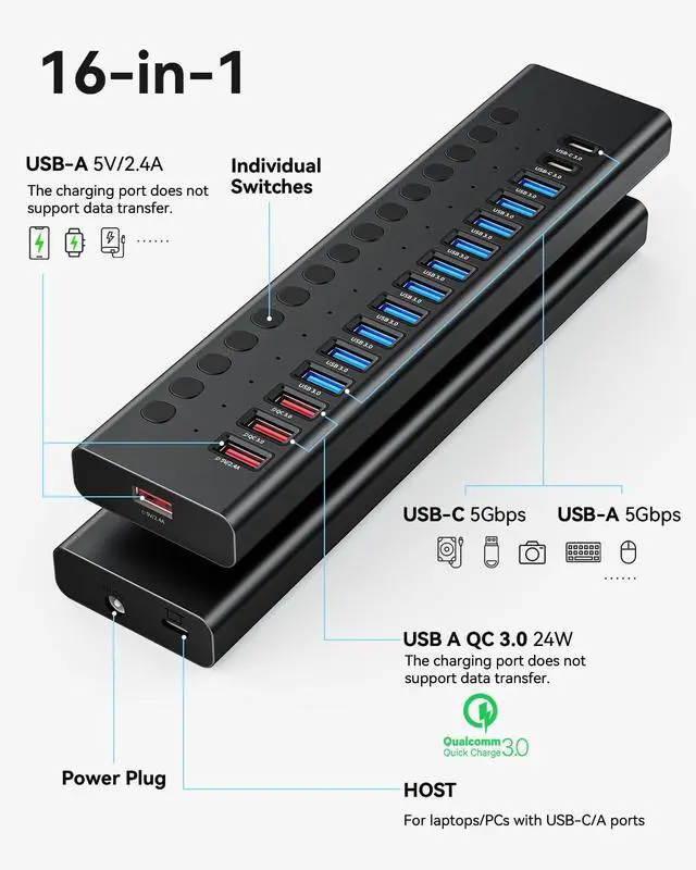 Alt view image 2 of 7 - Powered USB Hub, 16-Port USB C Hub Splitter (10 USB 3.0+2 Quick Charging+2 Smart Charging+2 USB C) with Individual Switches, 90W Power Adapter for PC