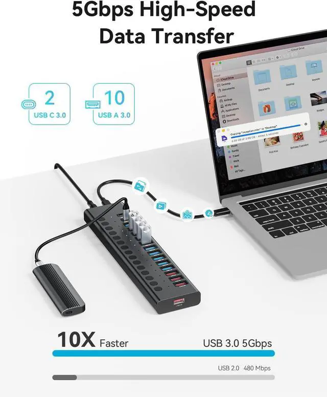 Alt view image 3 of 7 - Powered USB Hub, 16-Port USB C Hub Splitter (10 USB 3.0+2 Quick Charging+2 Smart Charging+2 USB C) with Individual Switches, 90W Power Adapter for PC