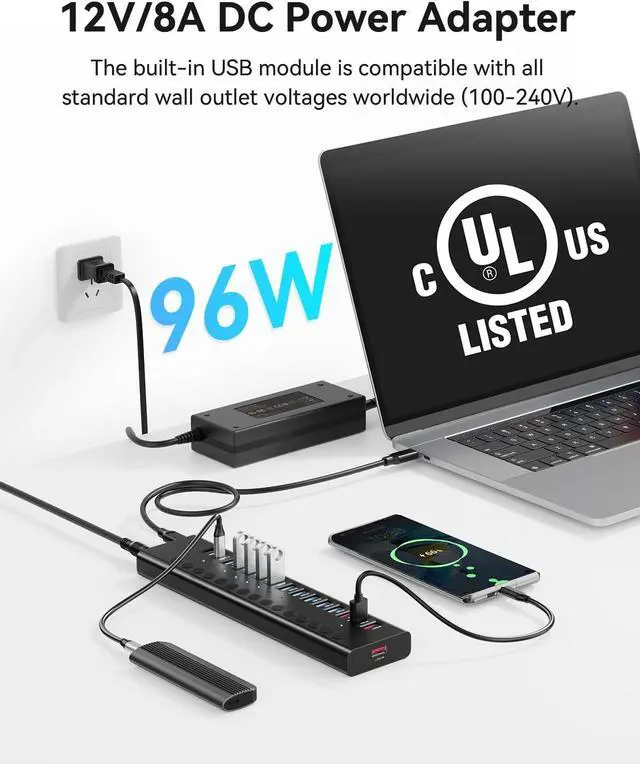 Alt view image 4 of 7 - Powered USB Hub, 16-Port USB C Hub Splitter (10 USB 3.0+2 Quick Charging+2 Smart Charging+2 USB C) with Individual Switches, 90W Power Adapter for PC