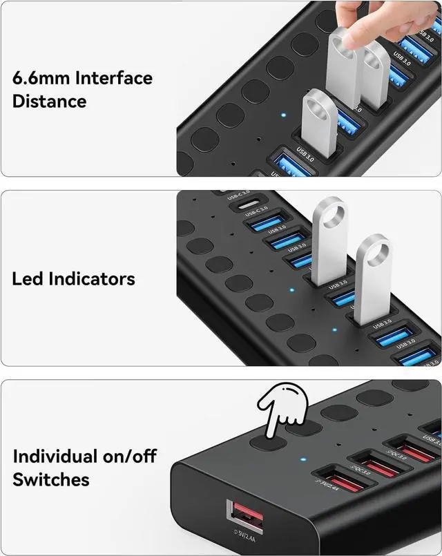 Alt view image 6 of 7 - Powered USB Hub, 16-Port USB C Hub Splitter (10 USB 3.0+2 Quick Charging+2 Smart Charging+2 USB C) with Individual Switches, 90W Power Adapter for PC
