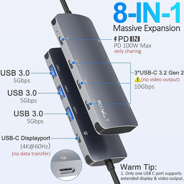 Alt view image 2 of 7 - USB C Hub 10Gbps, USB C Splitter with 4K@60Hz Video Display, 100W Power Delivery Charging, USB4 Hub Multiport Adapter with 10Gbps Data Transfer for MacBook Pro/Air, iPad Pro, Mac mini and More