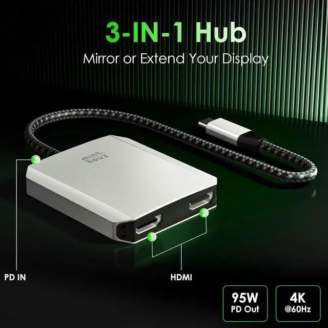 Alt view image 2 of 7 - USB C to Dual HDMI Adapter USB c hub Dual 4K@60Hz Dual HDMI Output + 100W PD Power Delivery for MacBook Pro  HP Surface LG (MST is not Supported on MacOS)