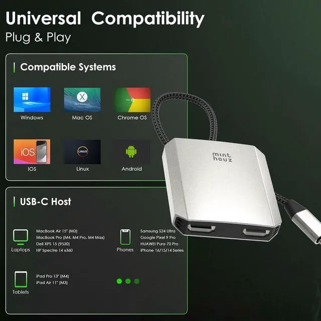 Alt view image 5 of 7 - USB C to Dual HDMI Adapter USB c hub Dual 4K@60Hz Dual HDMI Output + 100W PD Power Delivery for MacBook Pro  HP Surface LG (MST is not Supported on MacOS)