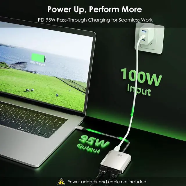 Alt view image 6 of 7 - USB C to Dual HDMI Adapter USB c hub Dual 4K@60Hz Dual HDMI Output + 100W PD Power Delivery for MacBook Pro  HP Surface LG (MST is not Supported on MacOS)