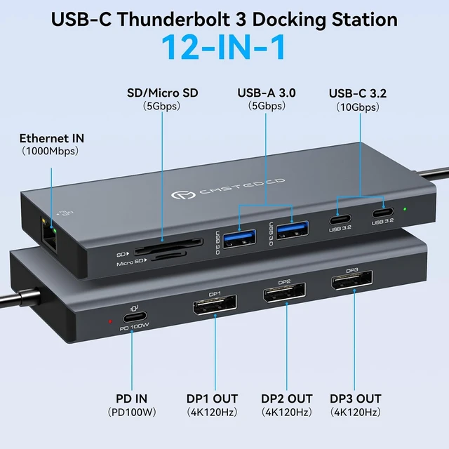 Alt view image 2 of 7 - USB C Docking Station 3 Monitors 100W PD 12 in 1 Thunderbolt to Triple Displayport Monitors Docking Station USB C Hub Multiple Adapter, 2xUSB-C 3.2, 2xUSB-A 3.0, SD Card, 1000Mbps Ethernet