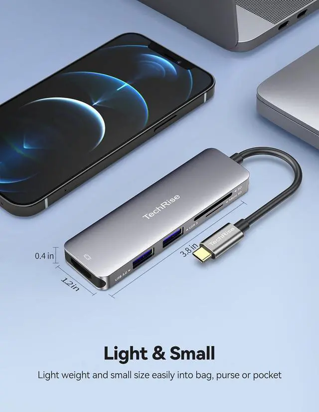 Alt view image 6 of 7 - TechRise 5-in-1 USB C Hub Multiport Adapter with USB 3.0 Ports SD/TF Card Reader, USB C to HDMI Adapter(4K@30Hz), USB C Hub Compatible with MacBook Pro, USB C Laptops and Other Type C Devices