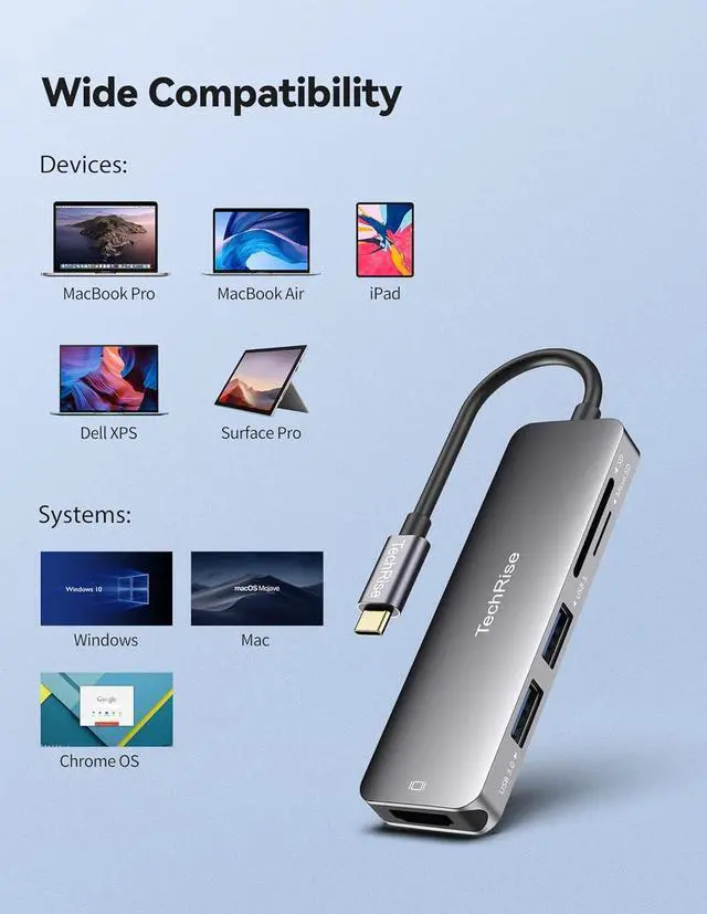 Alt view image 7 of 7 - TechRise 5-in-1 USB C Hub Multiport Adapter with USB 3.0 Ports SD/TF Card Reader, USB C to HDMI Adapter(4K@30Hz), USB C Hub Compatible with MacBook Pro, USB C Laptops and Other Type C Devices