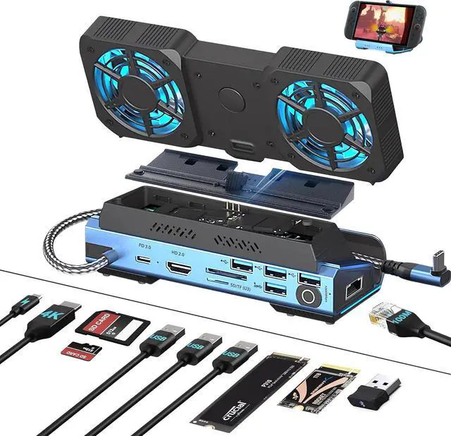Main image of 10-in-1 USB C Gaming Docking Station for Switch 2 / Steam Deck OLED/ROG Ally X/Legion Go, M.2 NVMe SSD Enclosure Hub with 4K@60Hz HDMI, 100W PD, Dual Cooling Fans, Gigabit Ethernet, USB 3.0/SD/TF