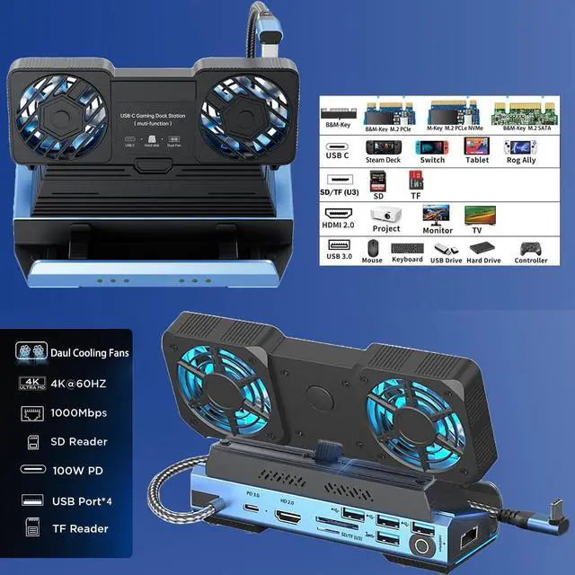 Alt view image 3 of 7 - 10-in-1 USB C Gaming Docking Station for Switch 2 / Steam Deck OLED/ROG Ally X/Legion Go, M.2 NVMe SSD Enclosure Hub with 4K@60Hz HDMI, 100W PD, Dual Cooling Fans, Gigabit Ethernet, USB 3.0/SD/TF