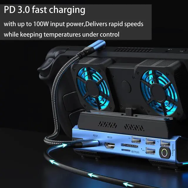 Alt view image 5 of 7 - 10-in-1 USB C Gaming Docking Station for Switch 2 / Steam Deck OLED/ROG Ally X/Legion Go, M.2 NVMe SSD Enclosure Hub with 4K@60Hz HDMI, 100W PD, Dual Cooling Fans, Gigabit Ethernet, USB 3.0/SD/TF