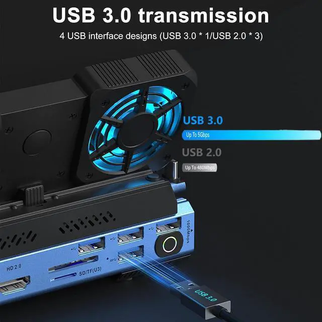 Alt view image 4 of 7 - 10-in-1 USB C Gaming Docking Station for Switch 2 / Steam Deck OLED/ROG Ally X/Legion Go, M.2 NVMe SSD Enclosure Hub with 4K@60Hz HDMI, 100W PD, Dual Cooling Fans, Gigabit Ethernet, USB 3.0/SD/TF