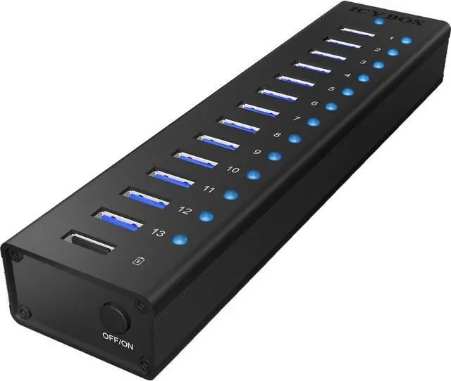 Main image of ICY BOX Box IB-AC6113 13-Way USB 3.0 Hub with 12 V/5 A Power Adapter, Aluminium Housing and USB Charging Port, Black, 13x USB 3. + 1x Charging