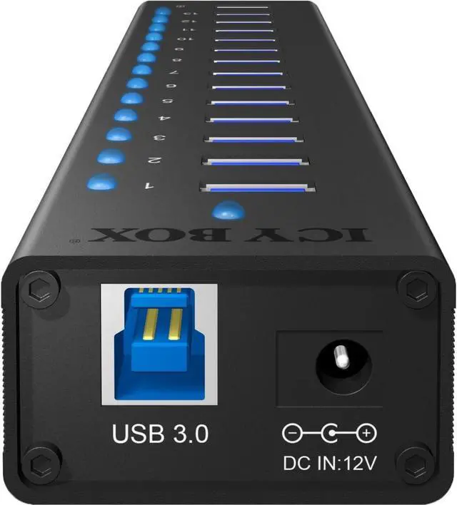 Alt view image 2 of 4 - ICY BOX Box IB-AC6113 13-Way USB 3.0 Hub with 12 V/5 A Power Adapter, Aluminium Housing and USB Charging Port, Black, 13x USB 3. + 1x Charging