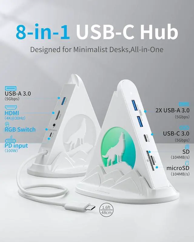 Alt view image 2 of 7 - USB C Hub, 8 in 1 USB C Hub Multiport Adapter with 4K HDMI, PD 100W, 5Gbps Type C 3.0, 3xUSB A 3.0, SD/TF Card Reader& RGB Lighting, White Docking Station for MacBook Air/Pro, HP, Laptop, PC(Wolf)