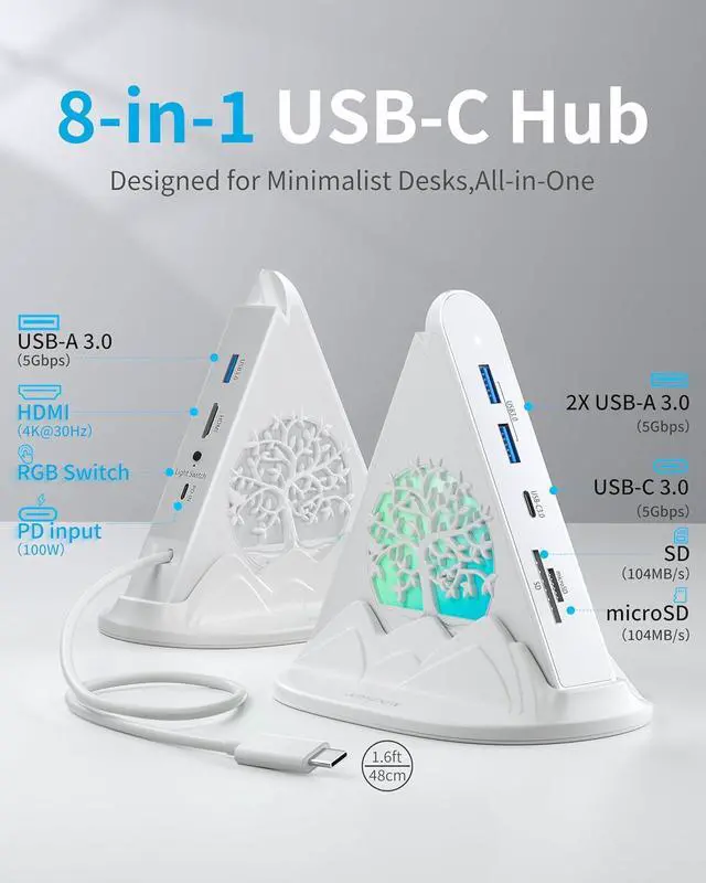 Alt view image 2 of 7 - USB C Hub, White 8 in 1 USB C Hub Multiport Adapter with 4K HDMI, 100W Power Charging, 5Gbps Type C 3.0, 3xUSB A 3.0, SD/TF Reader& RGB Lighting, White Dcoking Station for MacBook Air, Laptops(Tree)