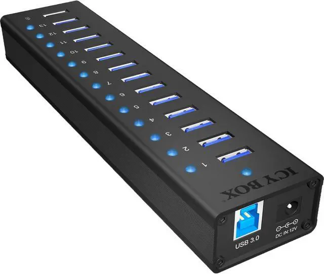 Alt view image 3 of 4 - ICY BOX Box IB-AC6113 13-Way USB 3.0 Hub with 12 V/5 A Power Adapter, Aluminium Housing and USB Charging Port, Black, 13x USB 3. + 1x Charging