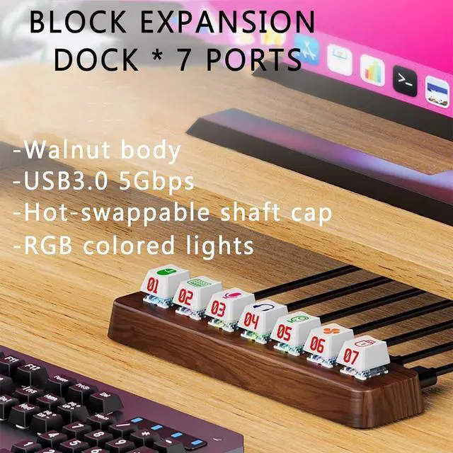 Alt view image 2 of 7 - Powered USB Hub, 7 Port USB Extension Hub, with RGB Color Light, USB3.0 5Gbps, Supports DIY Hot-Swap Shaft Caps, for Boyfriend Gift