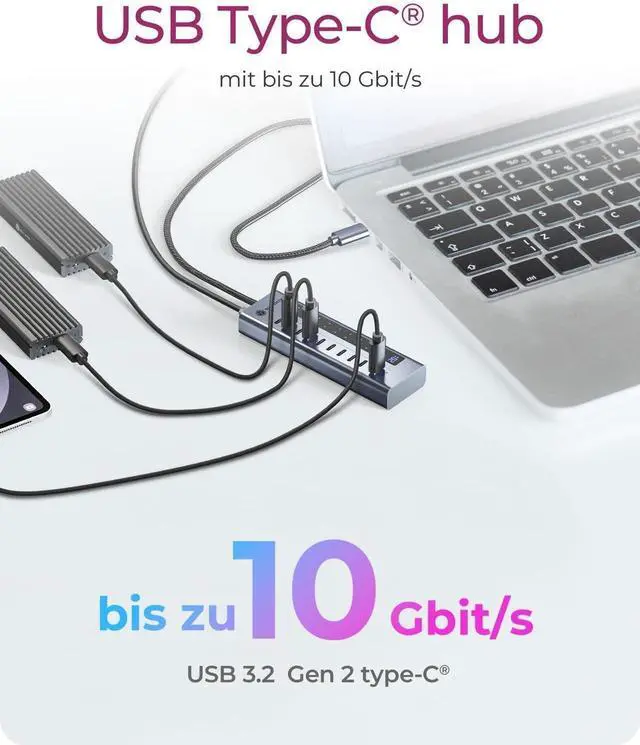 Alt view image 2 of 7 - ICY Box 10-Port USB-C Hub, 9x USB 3.2 Gen 2 (10 Gbps), 1x USB-C Power Delivery 20 W, Aluminium Housing, 60 cm Cable, Includes Power Adapter, IB-HUB1450-C31