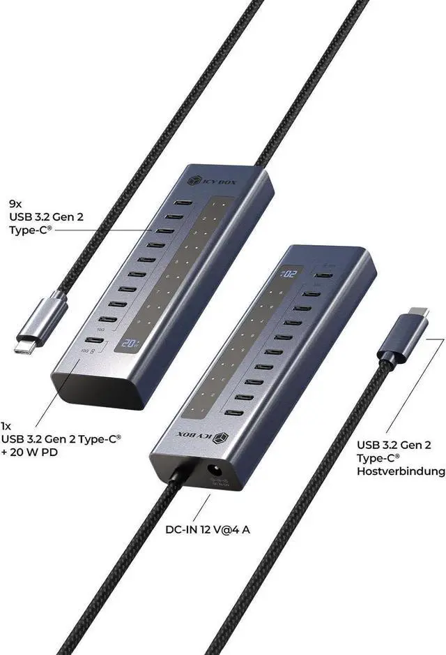 Alt view image 3 of 7 - ICY Box 10-Port USB-C Hub, 9x USB 3.2 Gen 2 (10 Gbps), 1x USB-C Power Delivery 20 W, Aluminium Housing, 60 cm Cable, Includes Power Adapter, IB-HUB1450-C31