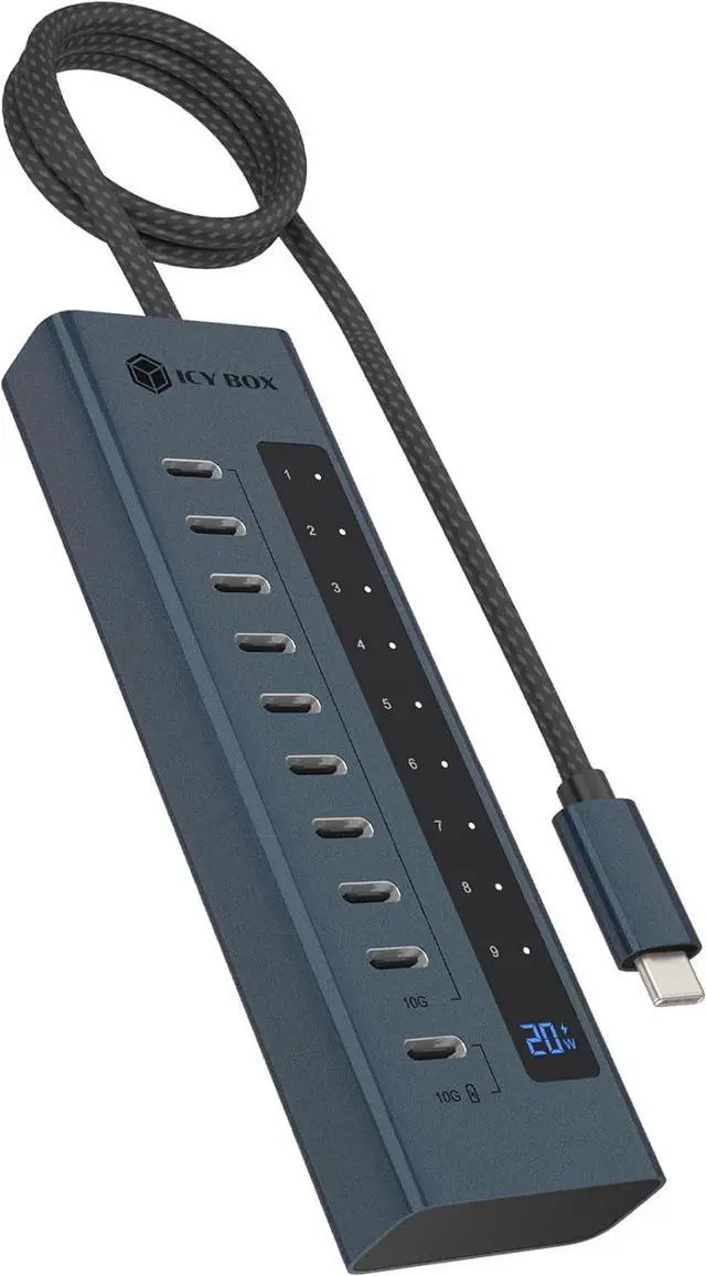 Main image of ICY Box 10-Port USB-C Hub, 9x USB 3.2 Gen 2 (10 Gbps), 1x USB-C Power Delivery 20 W, Aluminium Housing, 60 cm Cable, Includes Power Adapter, IB-HUB1450-C31
