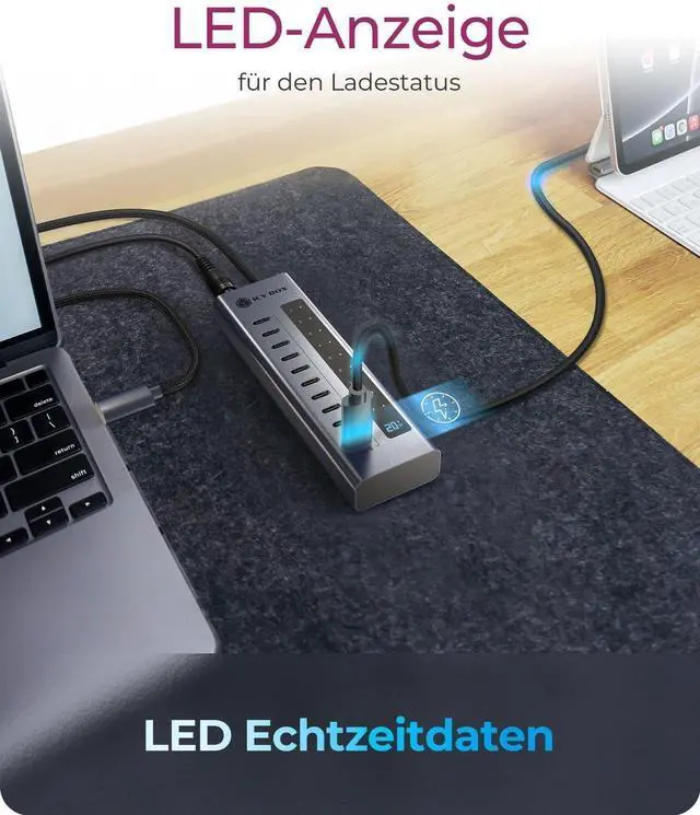 Alt view image 5 of 7 - ICY Box 10-Port USB-C Hub, 9x USB 3.2 Gen 2 (10 Gbps), 1x USB-C Power Delivery 20 W, Aluminium Housing, 60 cm Cable, Includes Power Adapter, IB-HUB1450-C31