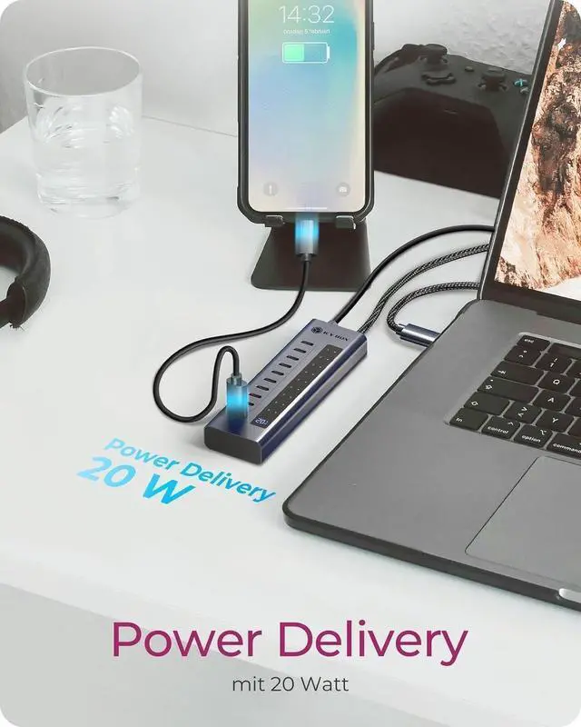 Alt view image 4 of 7 - ICY Box 10-Port USB-C Hub, 9x USB 3.2 Gen 2 (10 Gbps), 1x USB-C Power Delivery 20 W, Aluminium Housing, 60 cm Cable, Includes Power Adapter, IB-HUB1450-C31