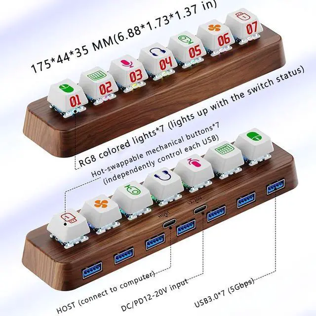 Alt view image 5 of 7 - Powered USB Hub, 7 Port USB Extension Hub, with RGB Color Light, USB3.0 5Gbps, Supports DIY Hot-Swap Shaft Caps, for Boyfriend Gift