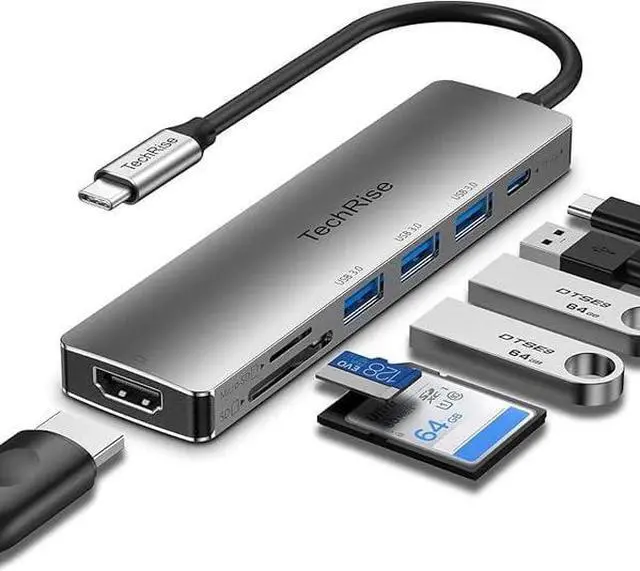Main image of TechRise USB C Hub Docking Station, 7-in-1 USB Extension Hub with 4K HDMI, 3 USB 3.0 Data Port, 100W PD, SD/TF Card Reader, USB Multiport Adapter for MacBook Air, MacBook Pro, XPS, Windows 7/8/10/11