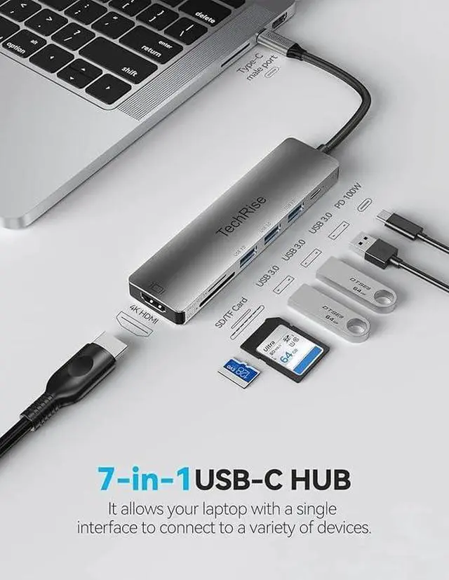 Alt view image 2 of 4 - TechRise USB C Hub Docking Station, 7-in-1 USB Extension Hub with 4K HDMI, 3 USB 3.0 Data Port, 100W PD, SD/TF Card Reader, USB Multiport Adapter for MacBook Air, MacBook Pro, XPS, Windows 7/8/10/11