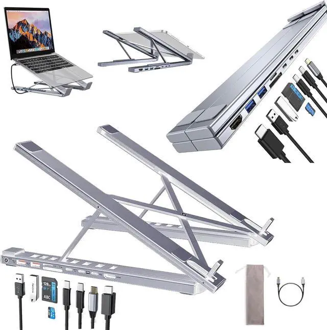 Main image of 8-in-1 USB-C Laptop Stand, USB C Laptop Docking Station Stand with 4k HDMI, 100w PD, USB 3.0, SD/TF, Ergonomic Elevation with 8 Essential Ports (White)