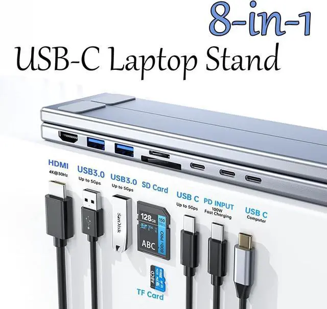 Alt view image 2 of 7 - 8-in-1 USB-C Laptop Stand, USB C Laptop Docking Station Stand with 4k HDMI, 100w PD, USB 3.0, SD/TF, Ergonomic Elevation with 8 Essential Ports (White)