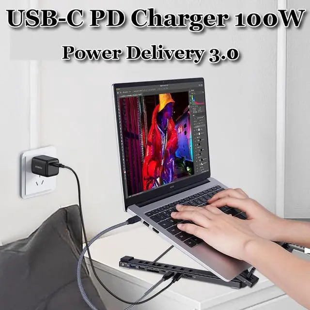 Alt view image 4 of 7 - 8-in-1 USB-C Laptop Stand, USB C Laptop Docking Station Stand with 4k HDMI, 100w PD, USB 3.0, SD/TF, Ergonomic Elevation with 8 Essential Ports (White)