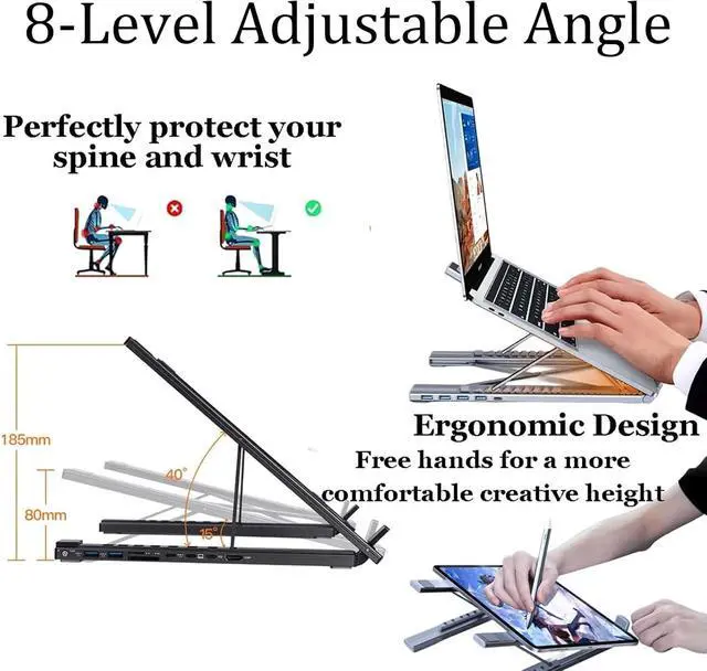 Alt view image 3 of 7 - 8-in-1 USB-C Laptop Stand, USB C Laptop Docking Station Stand with 4k HDMI, 100w PD, USB 3.0, SD/TF, Ergonomic Elevation with 8 Essential Ports (White)